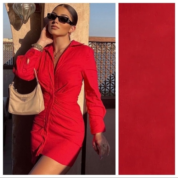 🌹NWT. Zara Red Draped Linen Blend Mini V-neckline Dress. Size S. - Picture 6 of 10